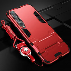 Silicone Matte Finish and Plastic Back Cover Case with Stand for Xiaomi Mi 10 Red