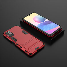 Silicone Matte Finish and Plastic Back Cover Case with Stand for Xiaomi Redmi Note 10 5G Red