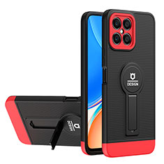 Silicone Matte Finish and Plastic Back Cover Case with Stand H01P for Huawei Honor X8 4G Red and Black