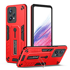 Silicone Matte Finish and Plastic Back Cover Case with Stand H01P for Realme 9 5G Red