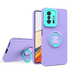 Silicone Matte Finish and Plastic Back Cover Case with Stand H01P for Xiaomi Mi 11T Pro 5G Purple