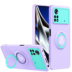 Silicone Matte Finish and Plastic Back Cover Case with Stand H01P for Xiaomi Poco X4 Pro 5G Purple