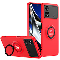 Silicone Matte Finish and Plastic Back Cover Case with Stand H01P for Xiaomi Poco X4 Pro 5G Red and Black