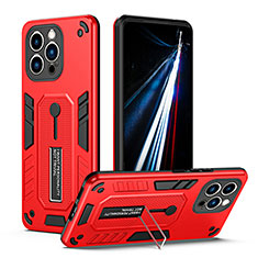 Silicone Matte Finish and Plastic Back Cover Case with Stand H01X for Apple iPhone 15 Pro Max Red