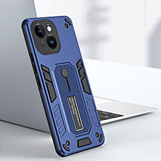 Silicone Matte Finish and Plastic Back Cover Case with Stand H02X for Apple iPhone 13 Blue