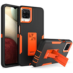 Silicone Matte Finish and Plastic Back Cover Case with Stand J01S for Samsung Galaxy A12 Orange