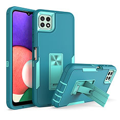 Silicone Matte Finish and Plastic Back Cover Case with Stand J01S for Samsung Galaxy A22 5G Cyan