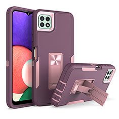 Silicone Matte Finish and Plastic Back Cover Case with Stand J01S for Samsung Galaxy A22 5G Purple