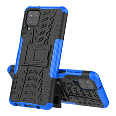 Silicone Matte Finish and Plastic Back Cover Case with Stand J01X for Samsung Galaxy A12 Blue