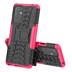 Silicone Matte Finish and Plastic Back Cover Case with Stand JX1 for OnePlus 9 5G Hot Pink