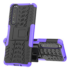 Silicone Matte Finish and Plastic Back Cover Case with Stand JX1 for Sony Xperia 1 III Purple