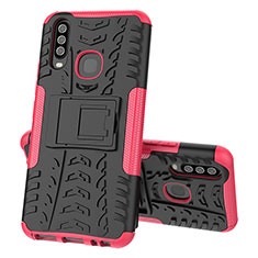 Silicone Matte Finish and Plastic Back Cover Case with Stand JX1 for Vivo Y12 Hot Pink