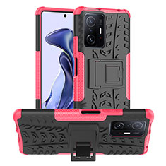 Silicone Matte Finish and Plastic Back Cover Case with Stand JX1 for Xiaomi Mi 11T Pro 5G Hot Pink