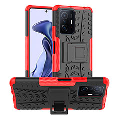 Silicone Matte Finish and Plastic Back Cover Case with Stand JX1 for Xiaomi Mi 11T Pro 5G Red