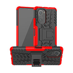 Silicone Matte Finish and Plastic Back Cover Case with Stand JX1 for Xiaomi Poco F3 5G Red