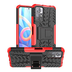 Silicone Matte Finish and Plastic Back Cover Case with Stand JX1 for Xiaomi Poco M4 Pro 5G Red