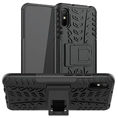 Silicone Matte Finish and Plastic Back Cover Case with Stand JX1 for Xiaomi Redmi 9AT Black