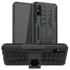 Silicone Matte Finish and Plastic Back Cover Case with Stand JX1 for Xiaomi Redmi 9i Black