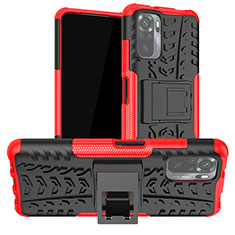 Silicone Matte Finish and Plastic Back Cover Case with Stand JX1 for Xiaomi Redmi Note 10 4G Red