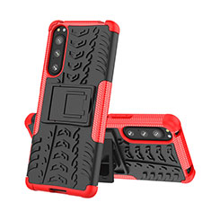 Silicone Matte Finish and Plastic Back Cover Case with Stand JX2 for Sony Xperia 5 IV Red