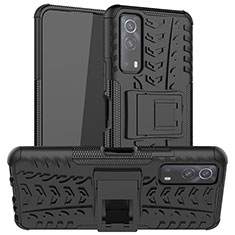 Silicone Matte Finish and Plastic Back Cover Case with Stand JX2 for Vivo iQOO Z3 5G Black