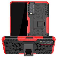 Silicone Matte Finish and Plastic Back Cover Case with Stand JX2 for Vivo Y20 (2021) Red