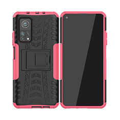 Silicone Matte Finish and Plastic Back Cover Case with Stand JX2 for Xiaomi Mi 10T 5G Hot Pink