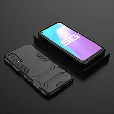 Silicone Matte Finish and Plastic Back Cover Case with Stand KC2 for Vivo Y70t 5G Black