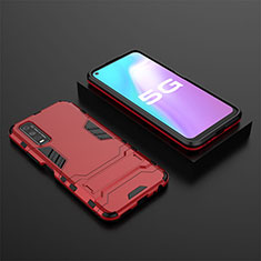 Silicone Matte Finish and Plastic Back Cover Case with Stand KC2 for Vivo Y70t 5G Red