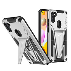 Silicone Matte Finish and Plastic Back Cover Case with Stand MQ1 for Samsung Galaxy A11 Silver