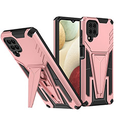 Silicone Matte Finish and Plastic Back Cover Case with Stand MQ1 for Samsung Galaxy A12 5G Rose Gold