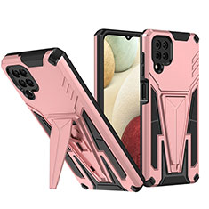 Silicone Matte Finish and Plastic Back Cover Case with Stand MQ1 for Samsung Galaxy F12 Rose Gold