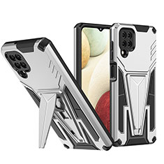 Silicone Matte Finish and Plastic Back Cover Case with Stand MQ1 for Samsung Galaxy F12 Silver