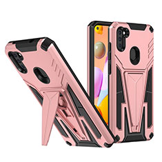 Silicone Matte Finish and Plastic Back Cover Case with Stand MQ1 for Samsung Galaxy M11 Rose Gold