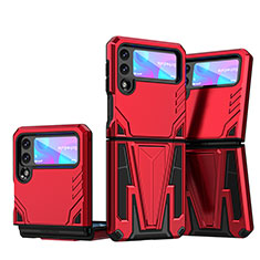 Silicone Matte Finish and Plastic Back Cover Case with Stand MQ1 for Samsung Galaxy Z Flip3 5G Red