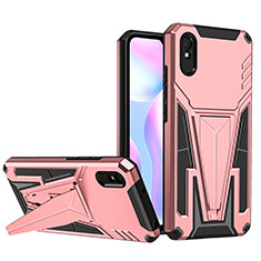 Silicone Matte Finish and Plastic Back Cover Case with Stand MQ1 for Xiaomi Redmi 9AT Rose Gold