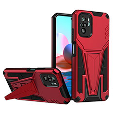 Silicone Matte Finish and Plastic Back Cover Case with Stand MQ1 for Xiaomi Redmi Note 10 4G Red