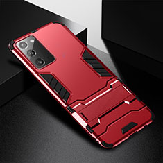 Silicone Matte Finish and Plastic Back Cover Case with Stand N02 for Samsung Galaxy Note 20 5G Red