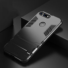 Silicone Matte Finish and Plastic Back Cover Case with Stand R01 for Huawei Honor View 20 Black
