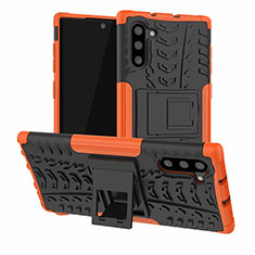 Silicone Matte Finish and Plastic Back Cover Case with Stand R01 for Samsung Galaxy Note 10 Orange