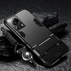 Silicone Matte Finish and Plastic Back Cover Case with Stand R01 for Xiaomi Mi 13 Lite 5G Black