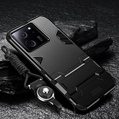 Silicone Matte Finish and Plastic Back Cover Case with Stand R01 for Xiaomi Mi 13T Pro 5G Black