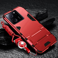 Silicone Matte Finish and Plastic Back Cover Case with Stand R01 for Xiaomi Mi 13T Pro 5G Red