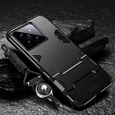 Silicone Matte Finish and Plastic Back Cover Case with Stand R01 for Xiaomi Mi 14 5G Black