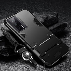 Silicone Matte Finish and Plastic Back Cover Case with Stand R01 for Xiaomi Poco F5 Pro 5G Black