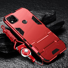 Silicone Matte Finish and Plastic Back Cover Case with Stand R01 for Xiaomi Redmi 9 Activ Red