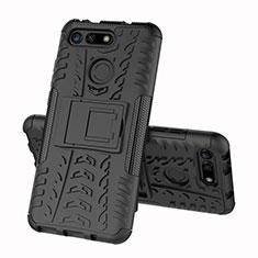 Silicone Matte Finish and Plastic Back Cover Case with Stand R03 for Huawei Honor View 20 Black