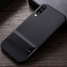 Silicone Matte Finish and Plastic Back Cover Case with Stand R03 for Samsung Galaxy A70 Black
