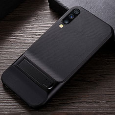 Silicone Matte Finish and Plastic Back Cover Case with Stand R03 for Samsung Galaxy A70S Black