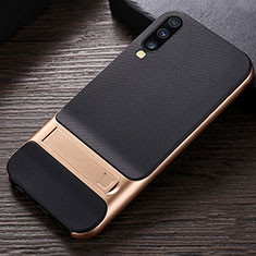 Silicone Matte Finish and Plastic Back Cover Case with Stand R03 for Samsung Galaxy A70S Gold